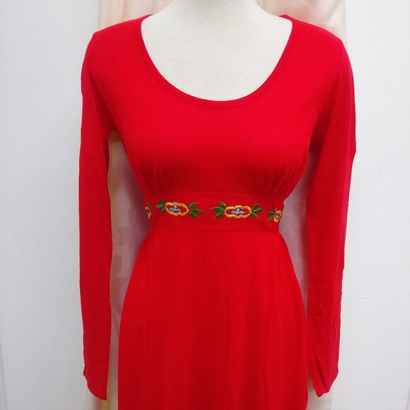1970's Vintage Red Maxi Peasant Dress w/ Embroidered Waistband by Styled by Mr. - Picture 4 of 10